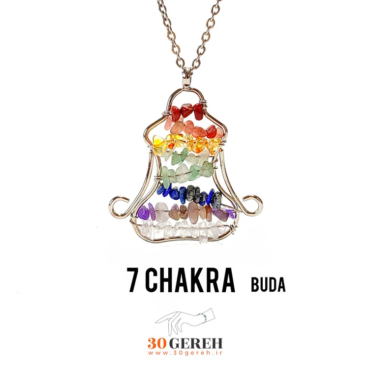 گردنبند هفت چاکرا با سنگ های نامنظم و قاب استیل طرح بودا