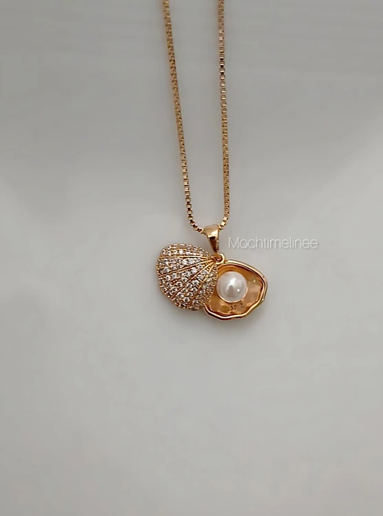 گردنبند ژوپینگ صدف با مروارید پرورشی آبکاری طلا همراه زنجیر