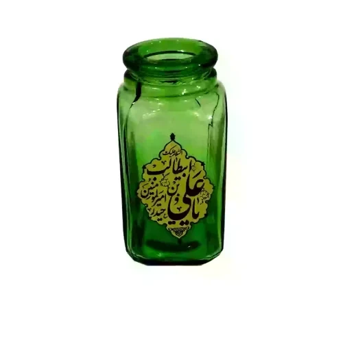گلدان کوچک شیشه ای مربعی مذهبی سبز علی ولی الله قطر 5 ارتفاع 9سانت کد 10422101