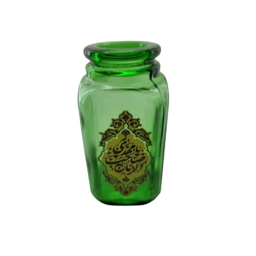 گلدان کوچک شیشه ای مربعی مذهبی سبز یا مهدی صاحب الزمان عج قطر 5 ارتفاع 9سانت کد 10422102