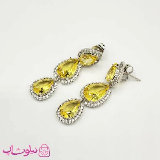 گوشواره آویز زنانه ژوپینگ مجلسی با کریستال زرد اشکی کد 2591