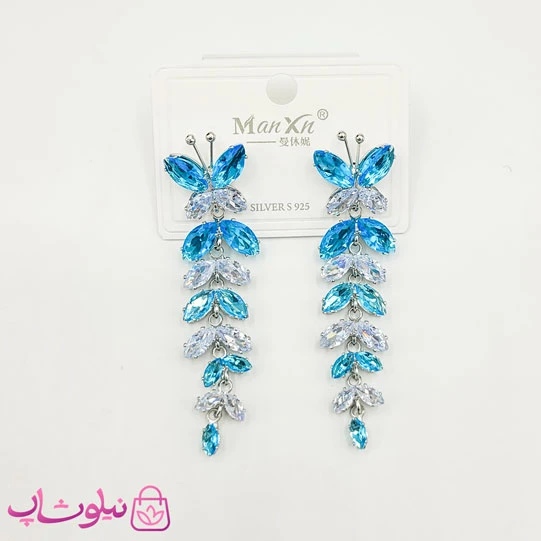 گوشواره بلند دخترانه طرح پروانه با کریستالهای آبی سفید کد 1588