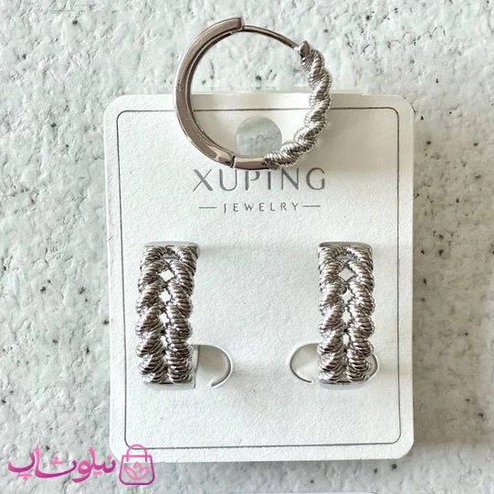 گوشواره حلقه ای زنانه ژوپینگ طرحدار نقره ای رنگ کد 2391
