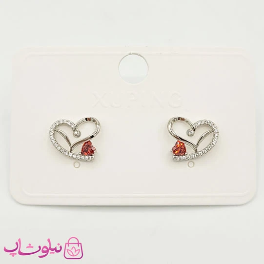 گوشواره دخترانه میخی ژوپینگ قلبی سیلور قرمز کد 991