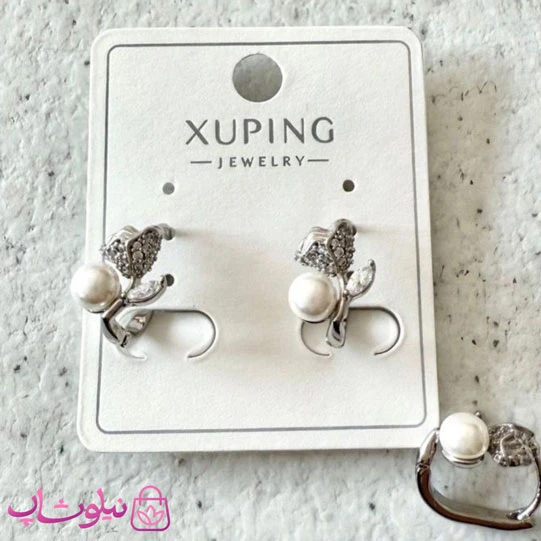 گوشواره زنانه ژوپینگ نقره ای رنگ مدل گل و مروارید کد 2991