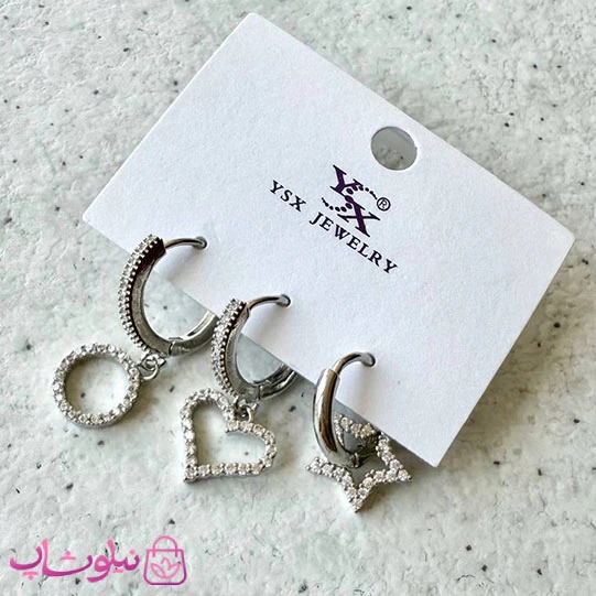 گوشواره سه تایی زنانه YSX مدل ستاره قلب دایره نقره ای رنگ کد 2998