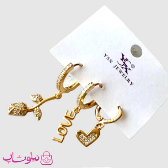 گوشواره سه تایی زنانه YSX مدل گل و Love طلایی رنگ کد 2998