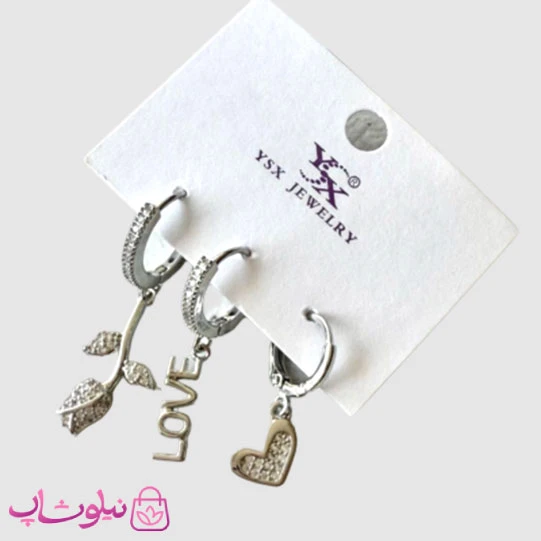 گوشواره سه تایی زنانه YSX مدل گل و Love نقره ای رنگ کد 2998