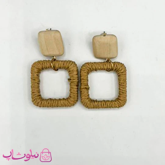 گوشواره فانتزی دخترانه کنفی طرح مربع قهوه ای رنگ کد 145