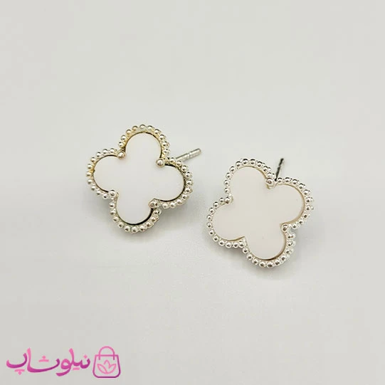 گوشواره میخی دخترانه سفید طرح ونکلیف آبکاری نقره کیفیت مستر کد 300