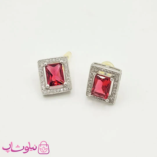 گوشواره میخی ژوپینگ مستطیلی نگین قرمز کد 153