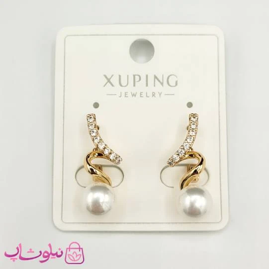 گوشواره ژوپینگ نگیندار طلایی با مروارید سفید کد 1691