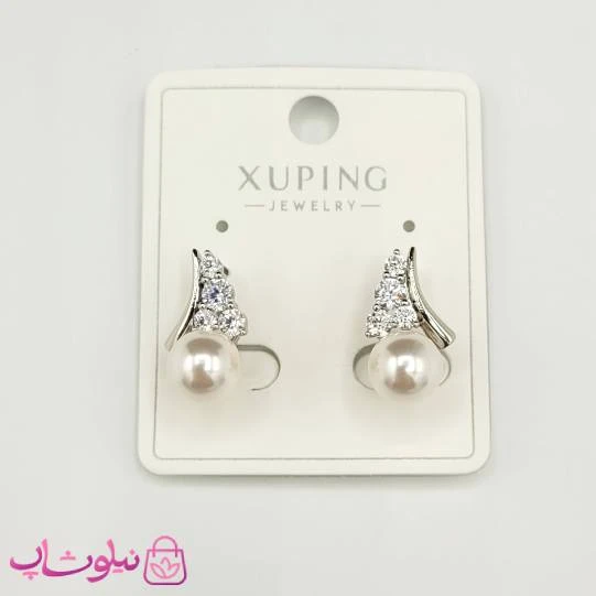 گوشواره ژوپینگ نگیندار نقره ای رنگ با مروارید سفید کد 1369