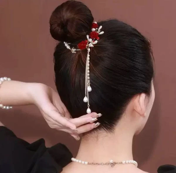 گیره گوجه ای مدل پاپیون شکوفه گل قرمز