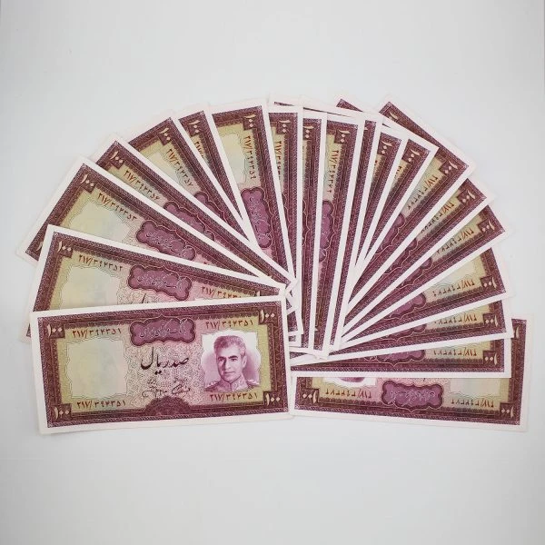 یک جفت اسکناس 100 ریالی محمدرضا شاه پهلوی سری یازدهم – سوپر بانکی – 217/394351